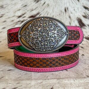 NEW Girls Basketweave Pink Trim Western Belt Floral Buckle (Medium)